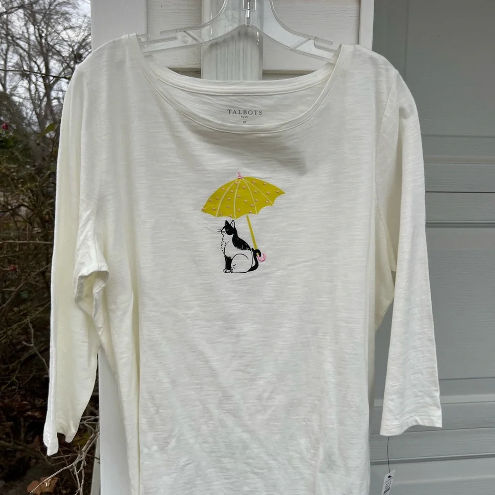 NWT Talbots Pretty Cream Embroidered Kitten With Umbrella Top